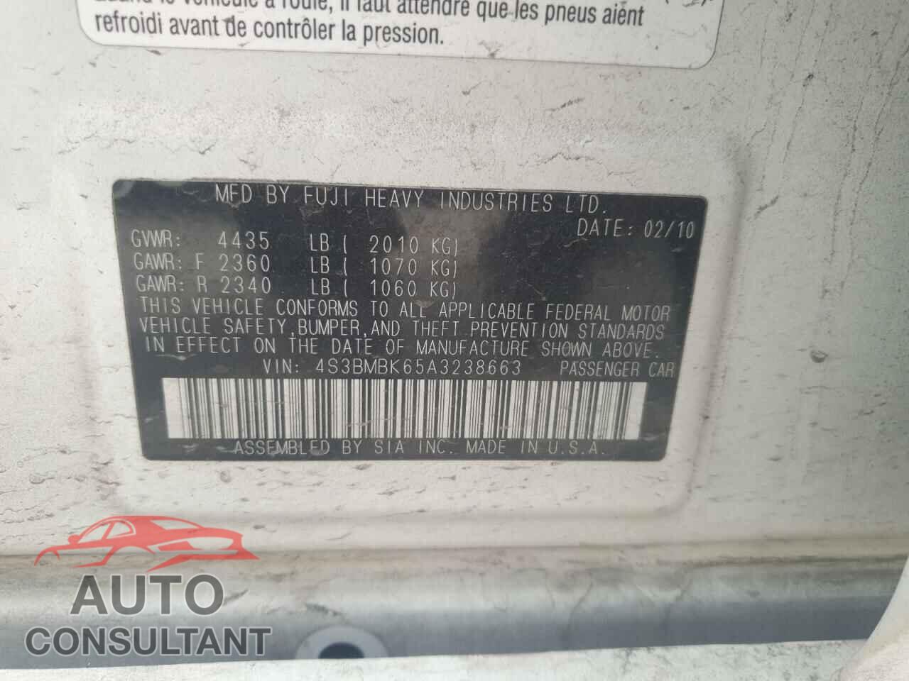 SUBARU LEGACY 2010 - 4S3BMBK65A3238663