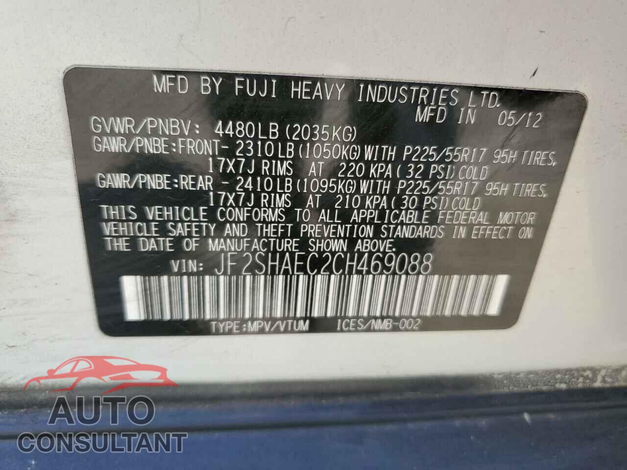 SUBARU FORESTER 2012 - JF2SHAEC2CH469088