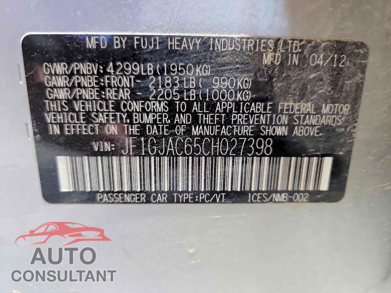SUBARU IMPREZA 2012 - JF1GJAC65CH027398