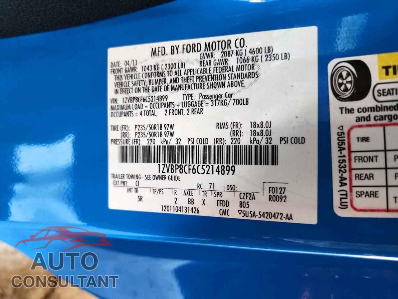 FORD MUSTANG 2012 - 1ZVBP8CF6C5214899