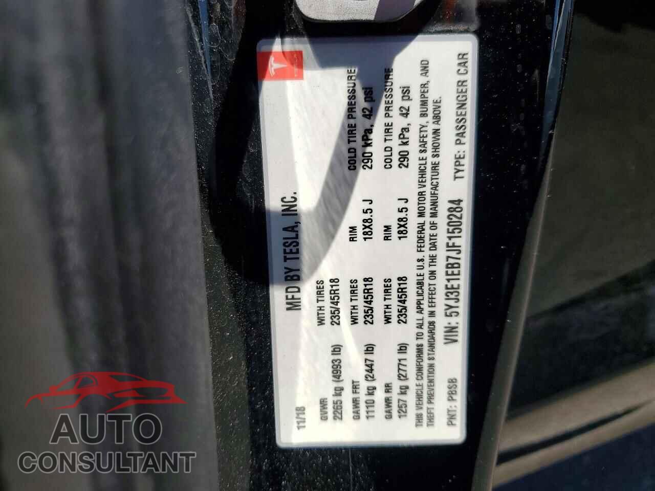 TESLA MODEL 3 2018 - 5YJ3E1EB7JF150284