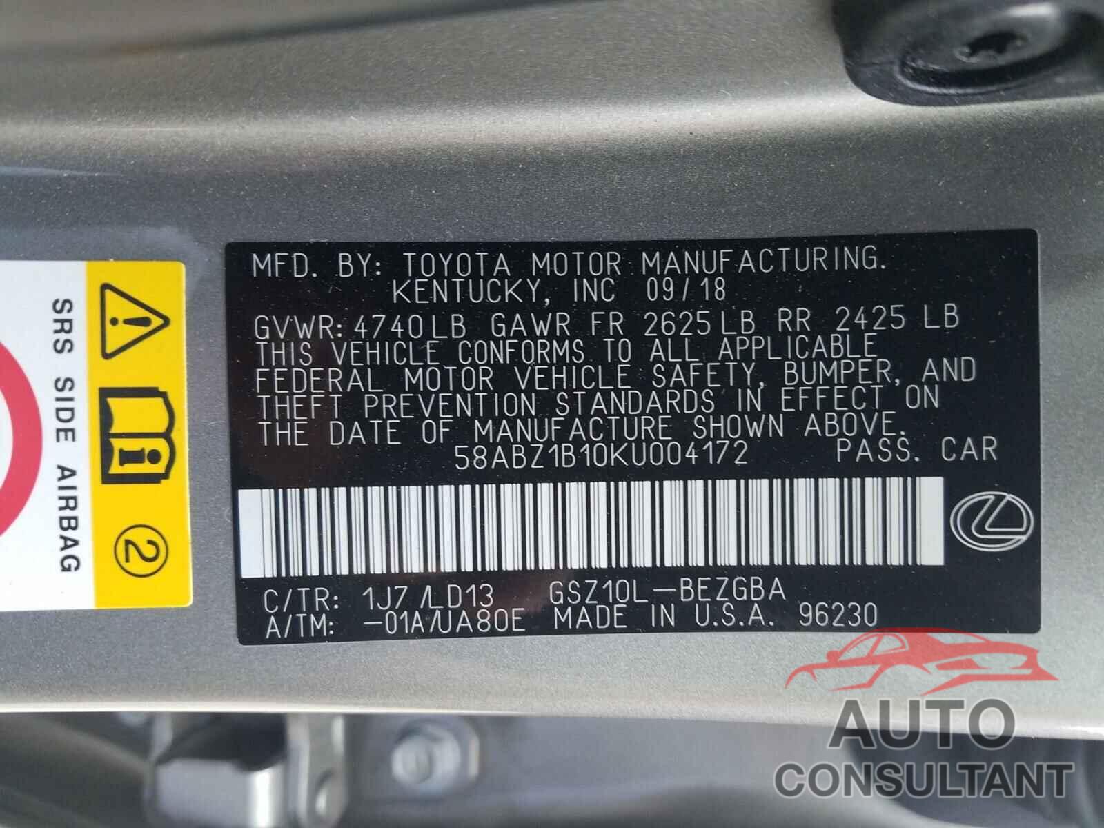 LEXUS ES350 2019 - 58ABZ1B10KU004172