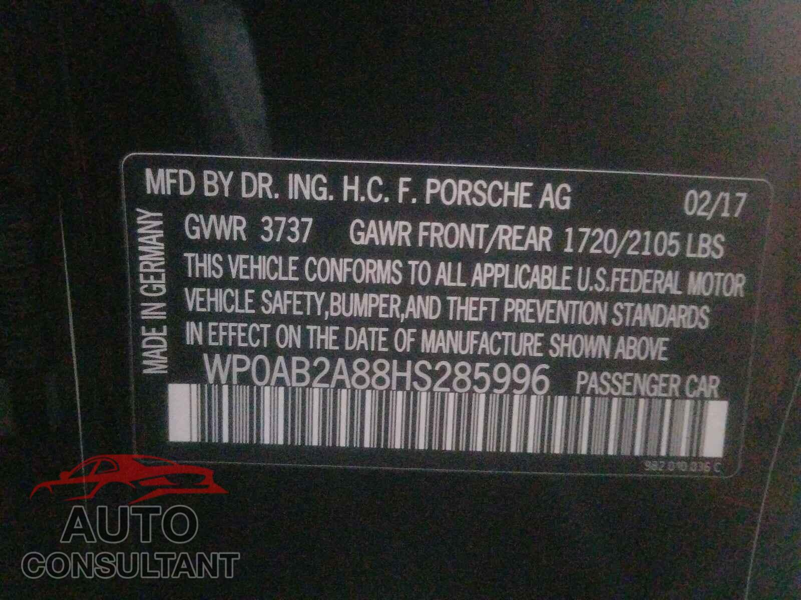 PORSCHE CAYMAN 2017 - WP0AB2A88HS285996