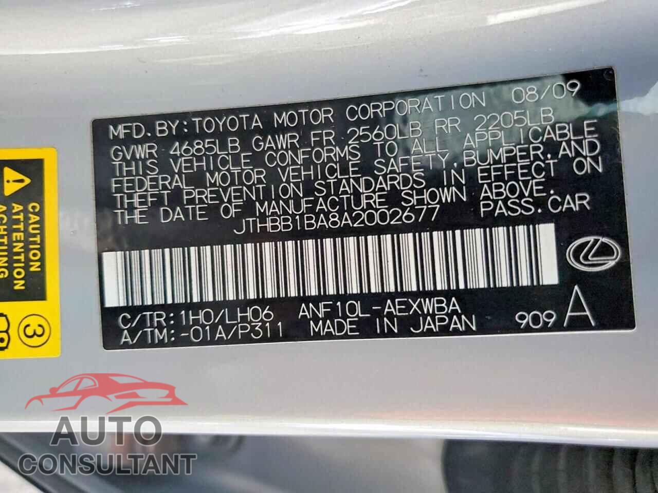 LEXUS HS 2010 - JTHBB1BA8A2002677