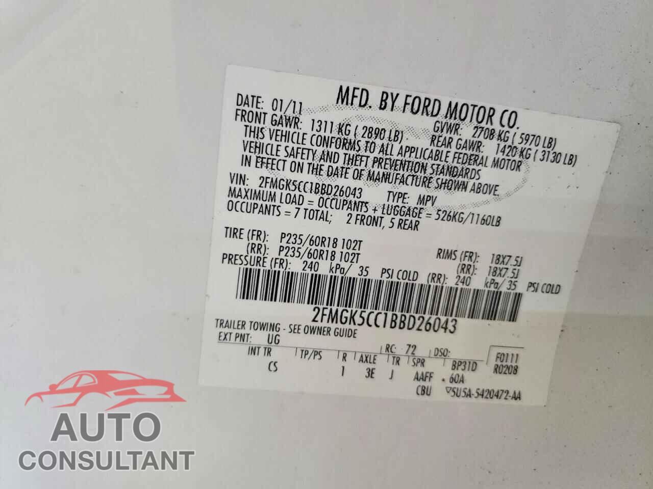 FORD FLEX 2011 - 2FMGK5CC1BBD26043