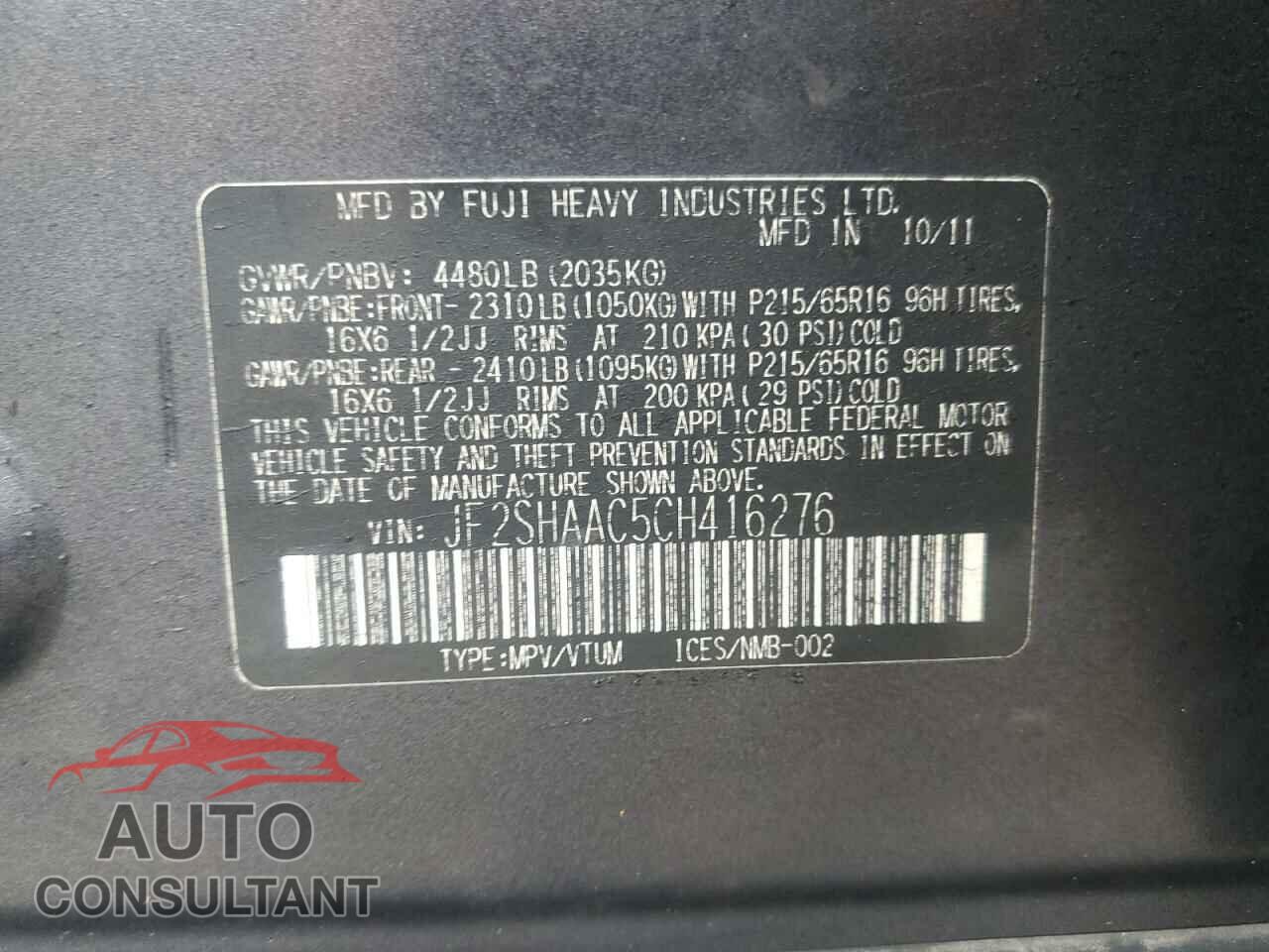 SUBARU FORESTER 2012 - JF2SHAAC5CH416276