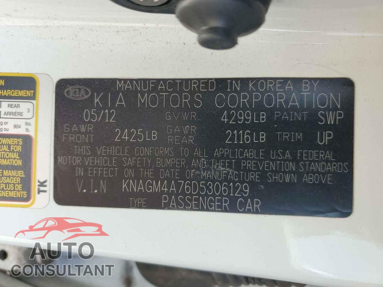 KIA OPTIMA 2013 - KNAGM4A76D5306129