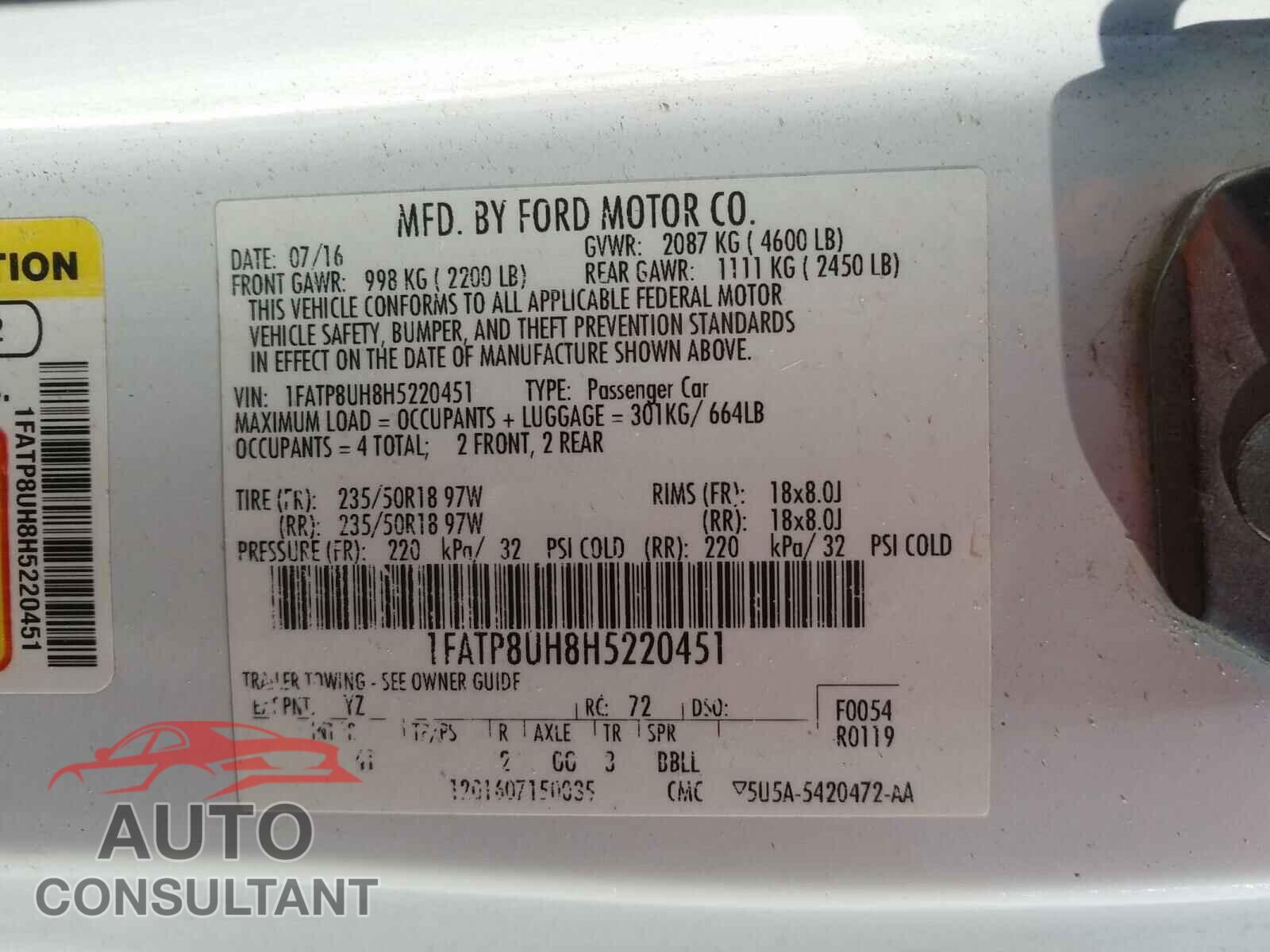 FORD MUSTANG 2017 - 1FATP8UH8H5220451