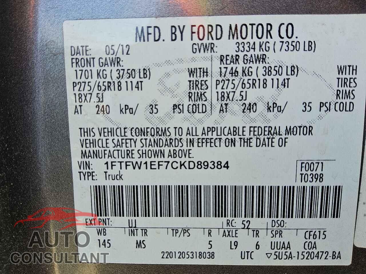 FORD F-150 2012 - 1FTFW1EF7CKD89384