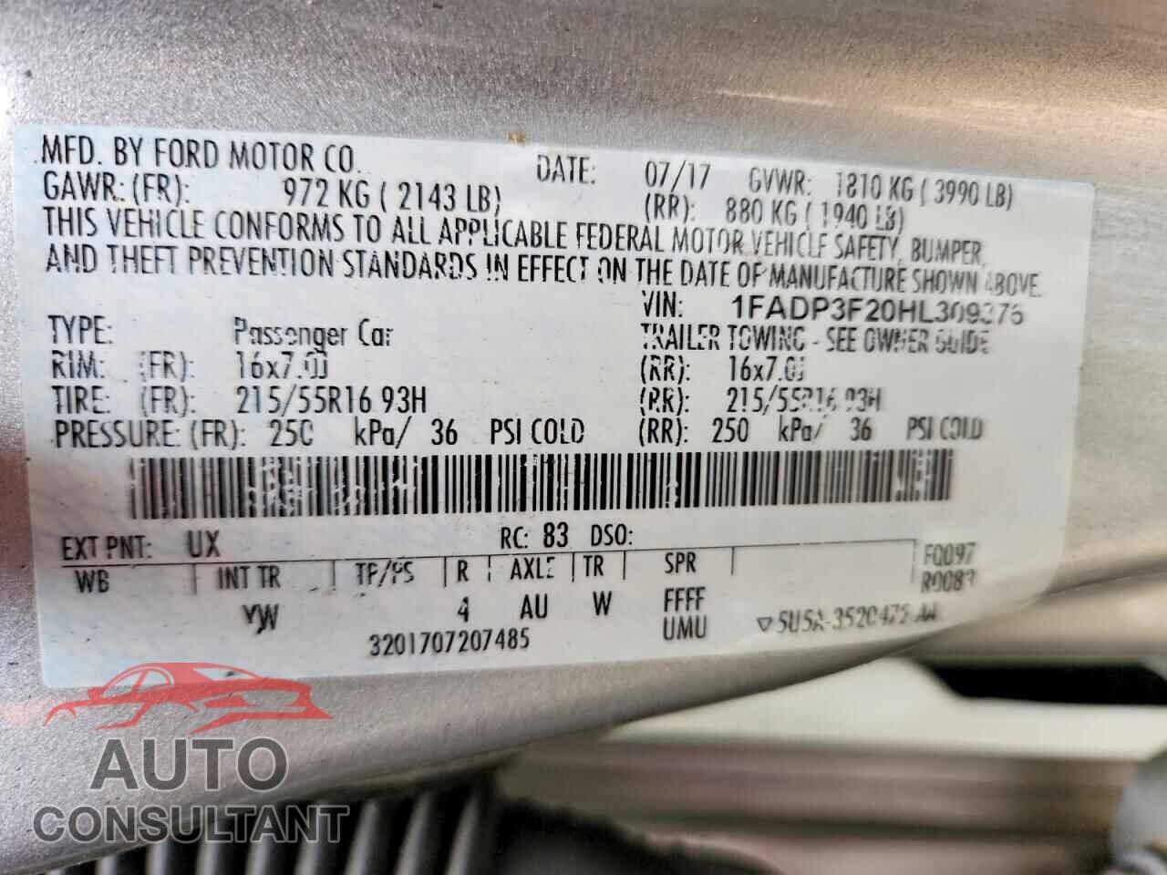 FORD FOCUS 2017 - 1FADP3F20HL309376
