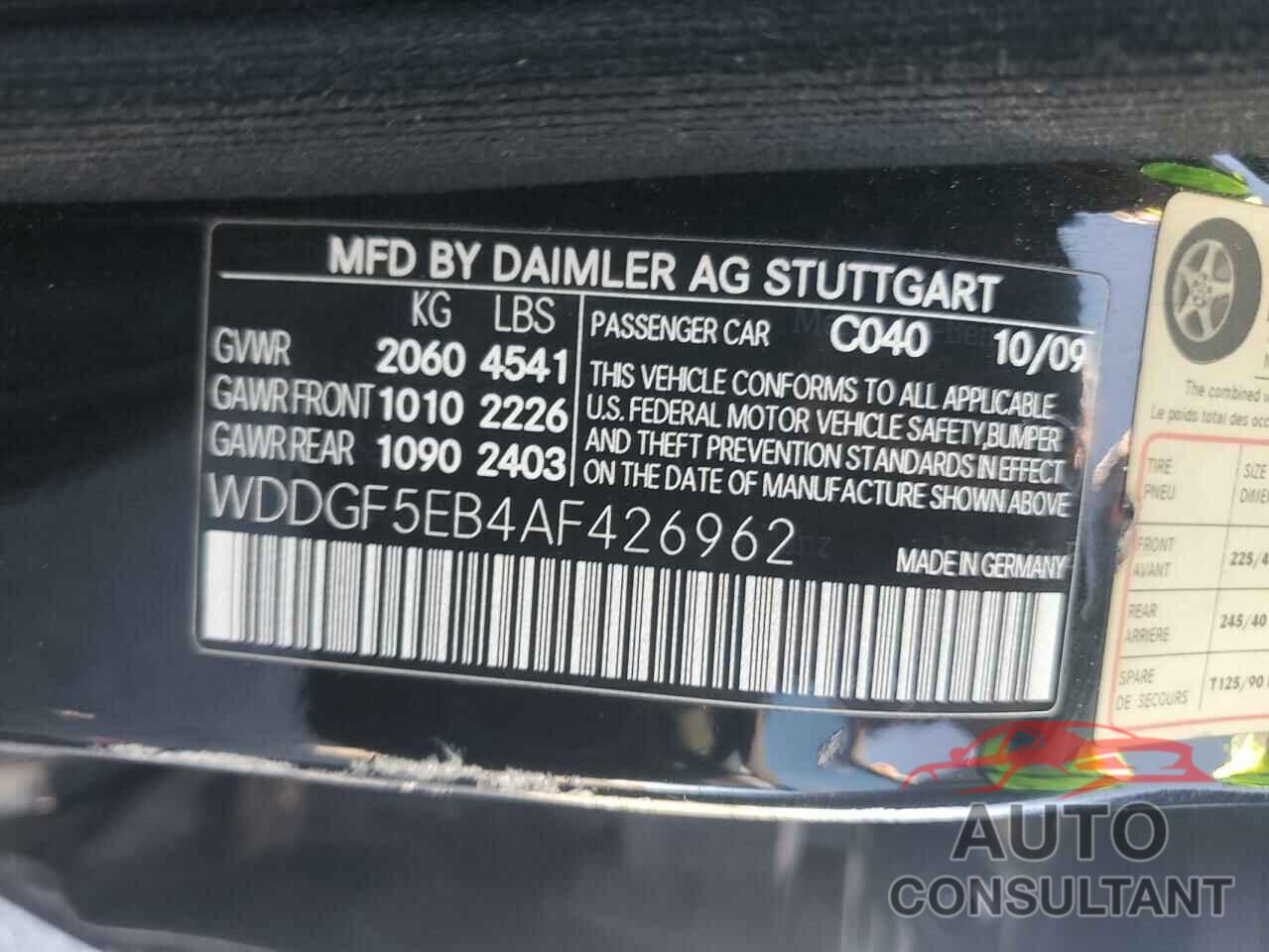 MERCEDES-BENZ C-CLASS 2010 - WDDGF5EB4AF426962