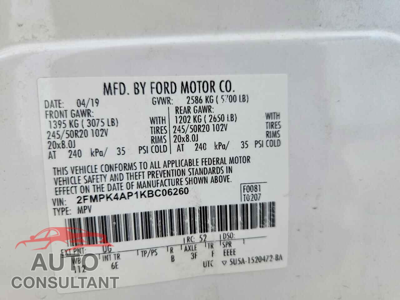 FORD EDGE 2019 - 2FMPK4AP1KBC06260