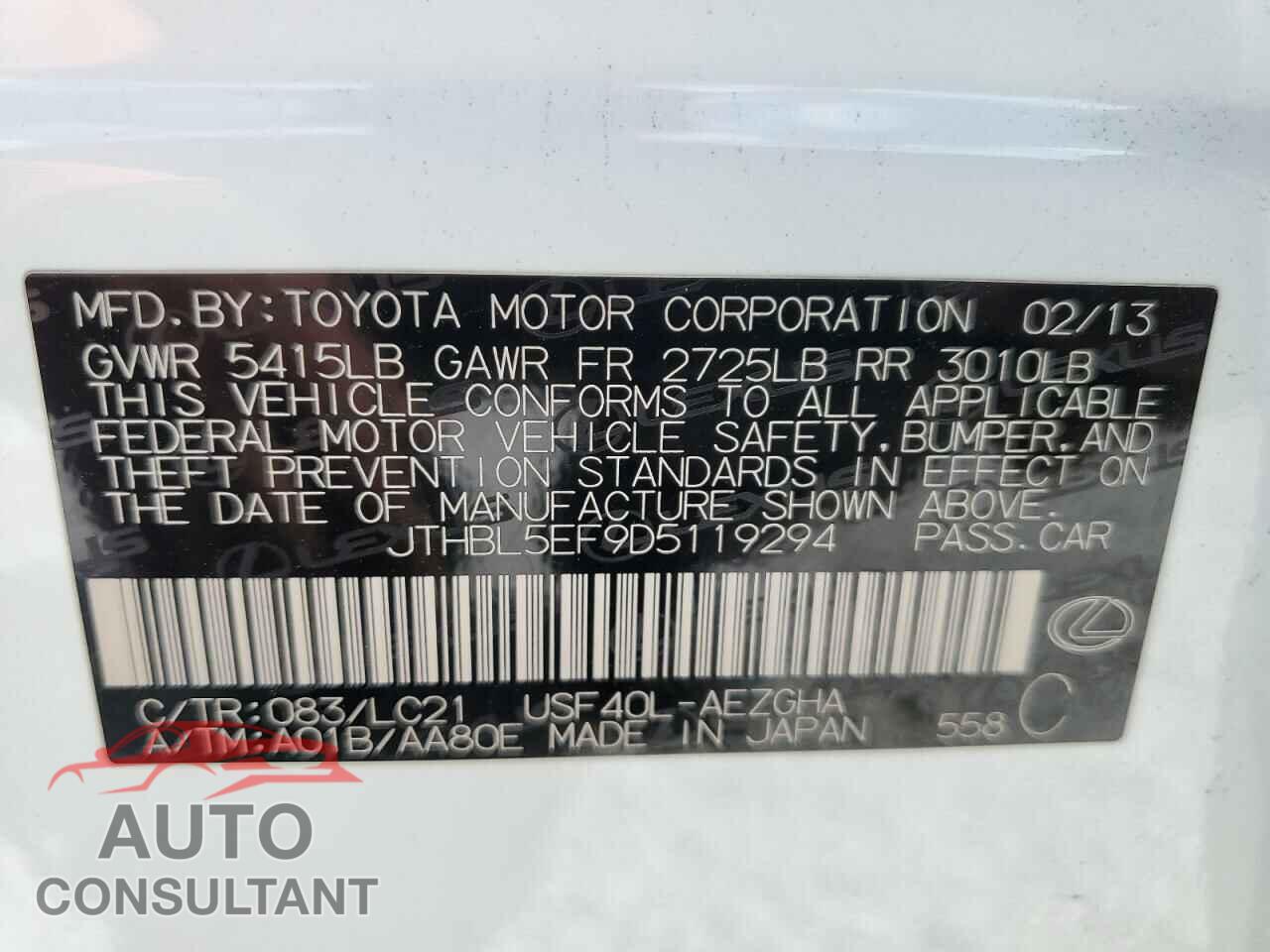 LEXUS LS460 2013 - JTHBL5EF9D5119294