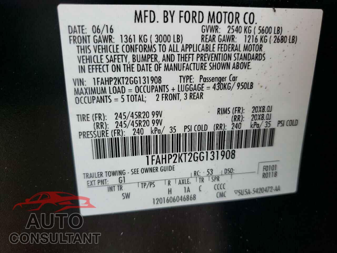 FORD TAURUS 2016 - 1FAHP2KT2GG131908