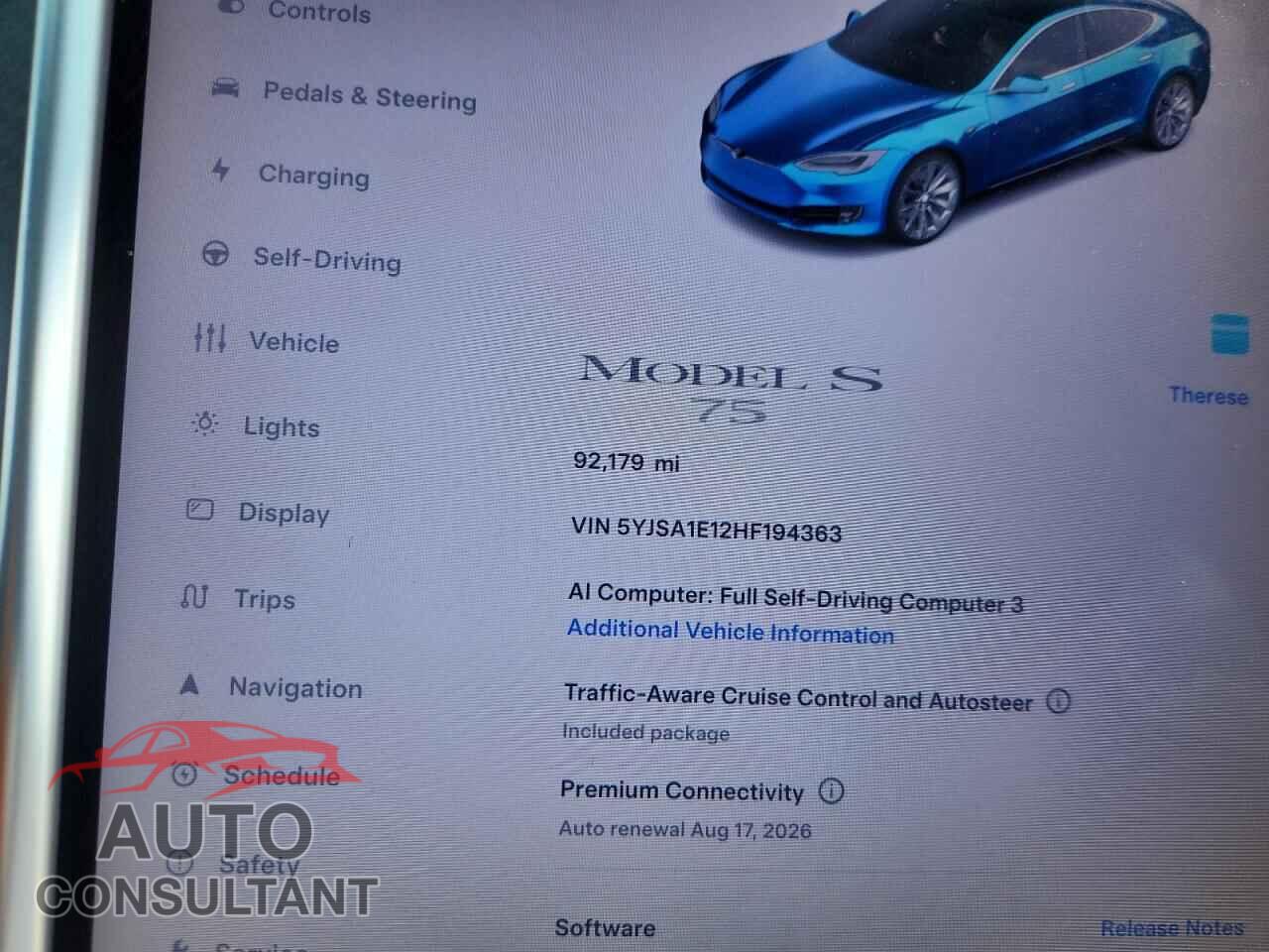 TESLA MODEL S 2017 - 5YJSA1E12HF194363