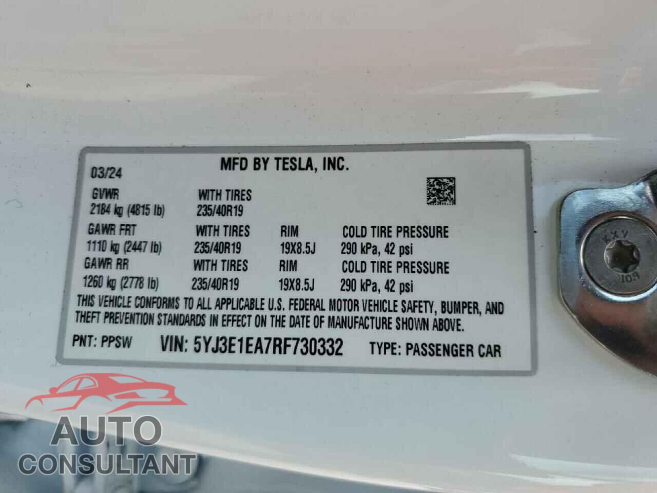 TESLA MODEL 3 2024 - 5YJ3E1EA7RF730332