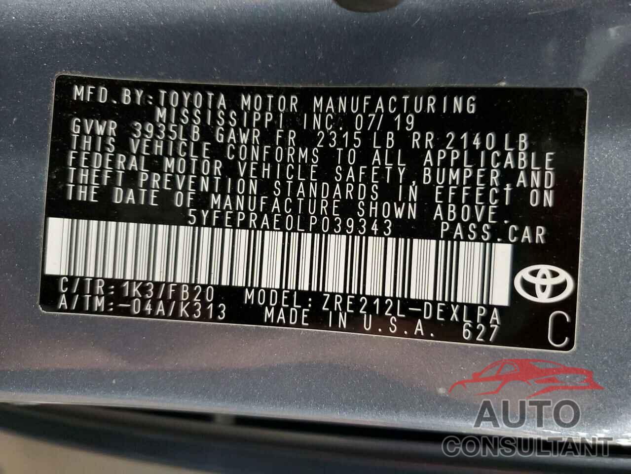 TOYOTA COROLLA 2020 - 5YFEPRAE0LP039343