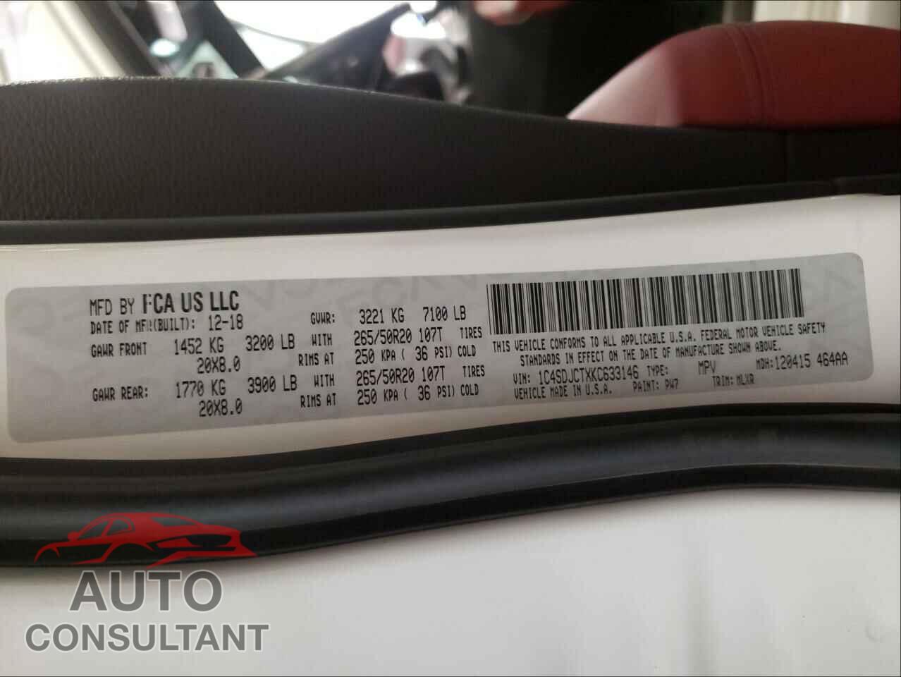 DODGE DURANGO 2019 - 1C4SDJCTXKC633146
