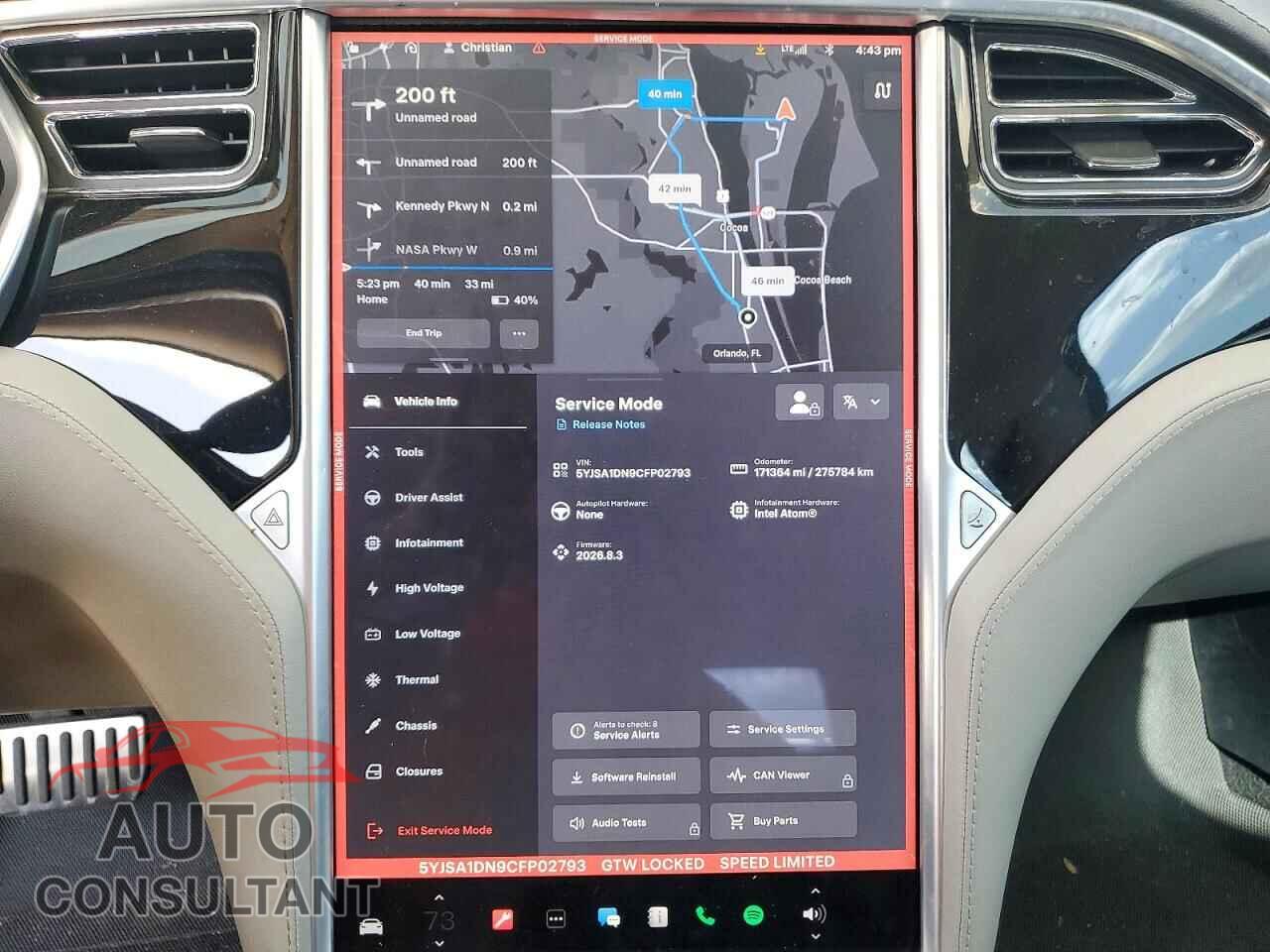TESLA MODEL S 2012 - 5YJSA1DN9CFP02793