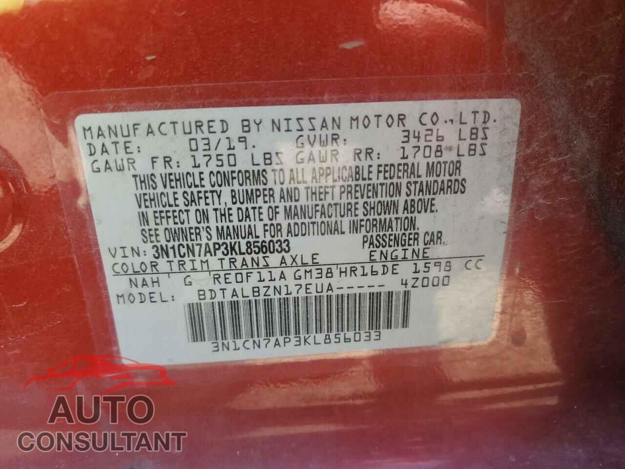 NISSAN VERSA 2019 - 3N1CN7AP3KL856033