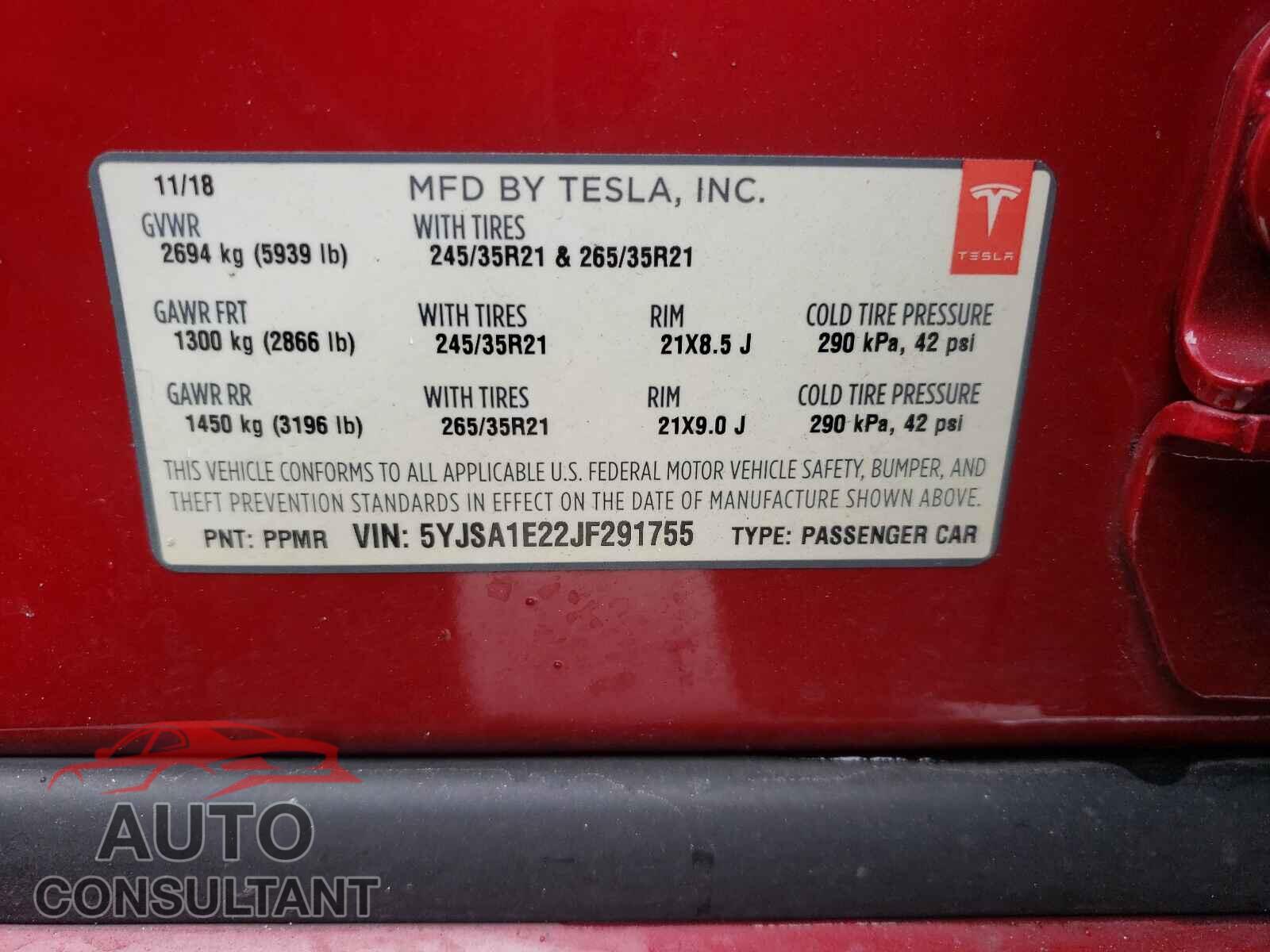 TESLA MODEL S 2018 - 5YJSA1E22JF291755