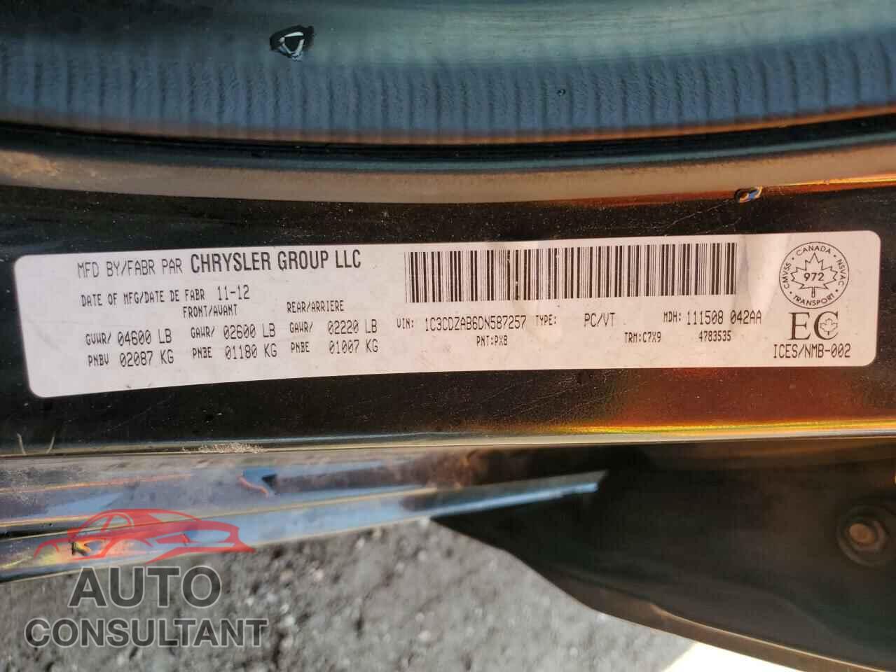 DODGE AVENGER 2013 - 1C3CDZAB6DN587257