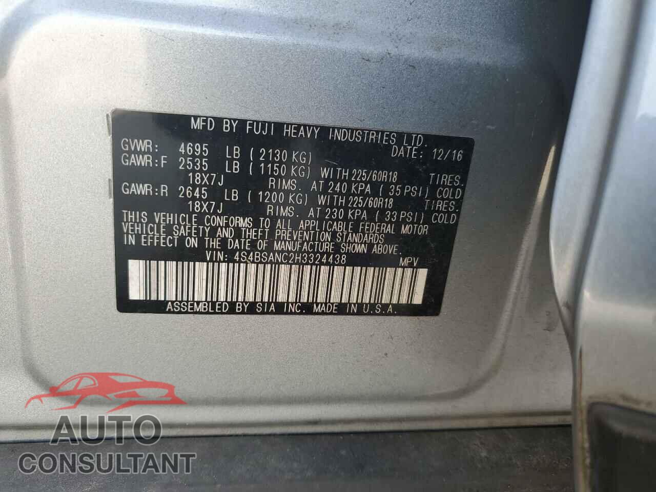 SUBARU OUTBACK 2017 - 4S4BSANC2H3324438