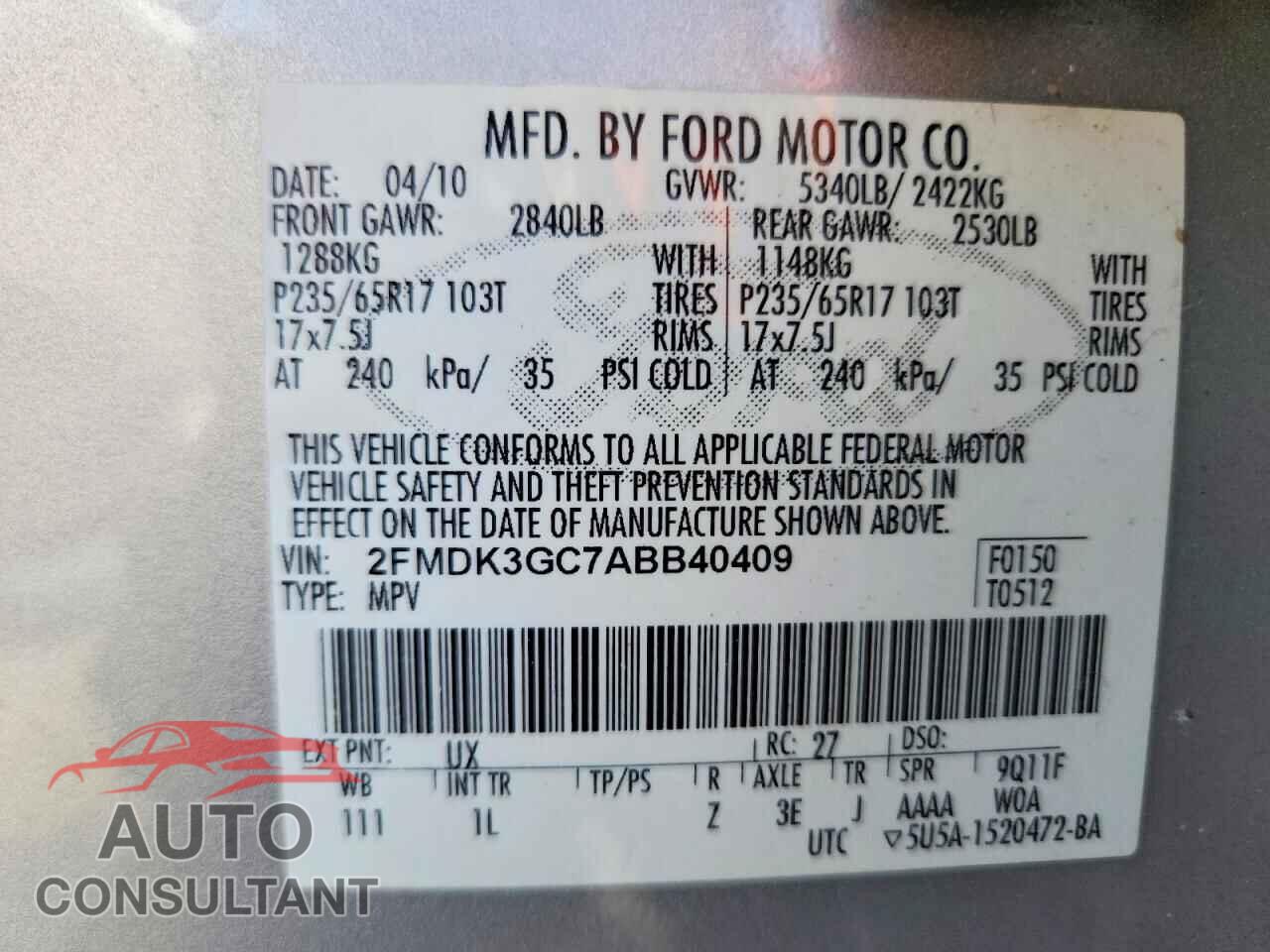 FORD EDGE 2010 - 2FMDK3GC7ABB40409