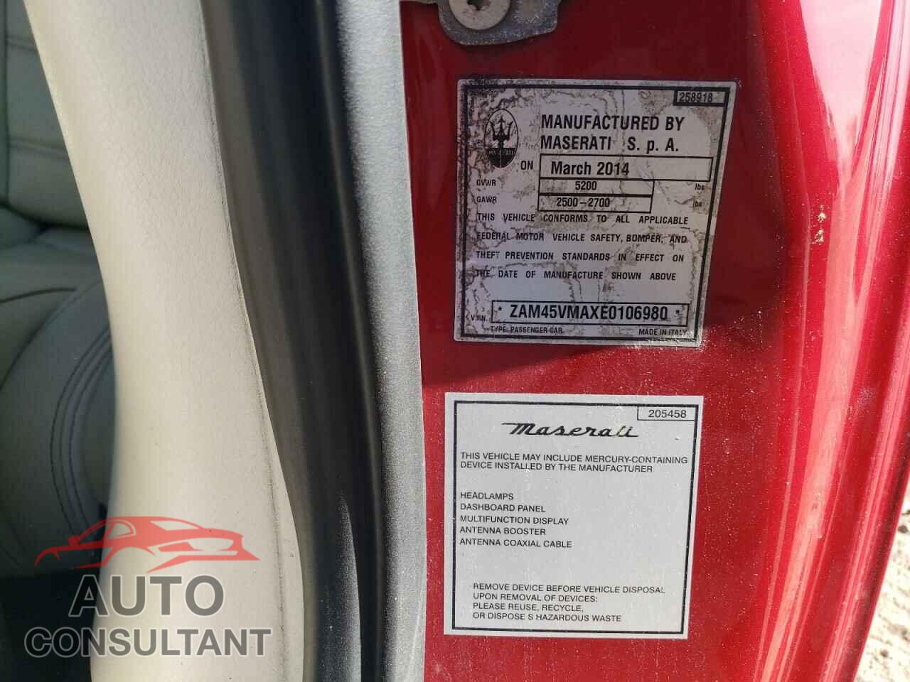 MASERATI ALL MODELS 2014 - ZAM45VMAXE0106980