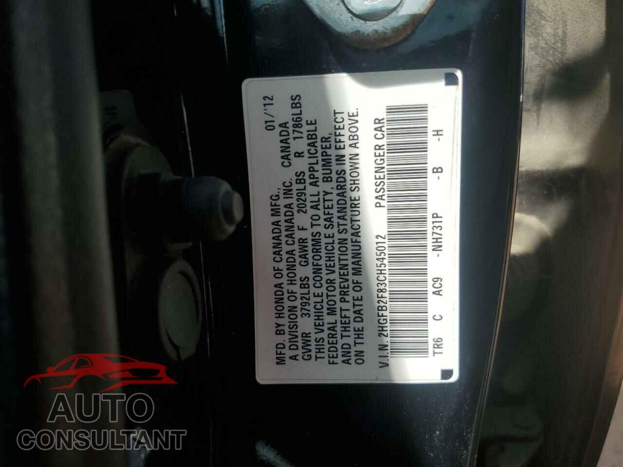 HONDA CIVIC 2012 - 2HGFB2F83CH545012