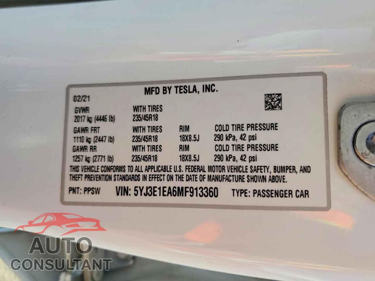 TESLA MODEL 3 2021 - 5YJ3E1EA6MF913360