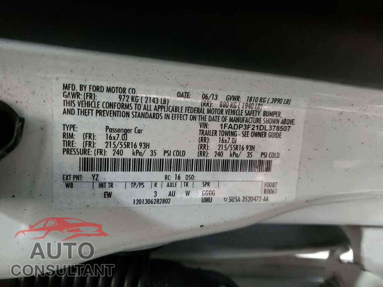 FORD FOCUS 2013 - 1FADP3F21DL378507
