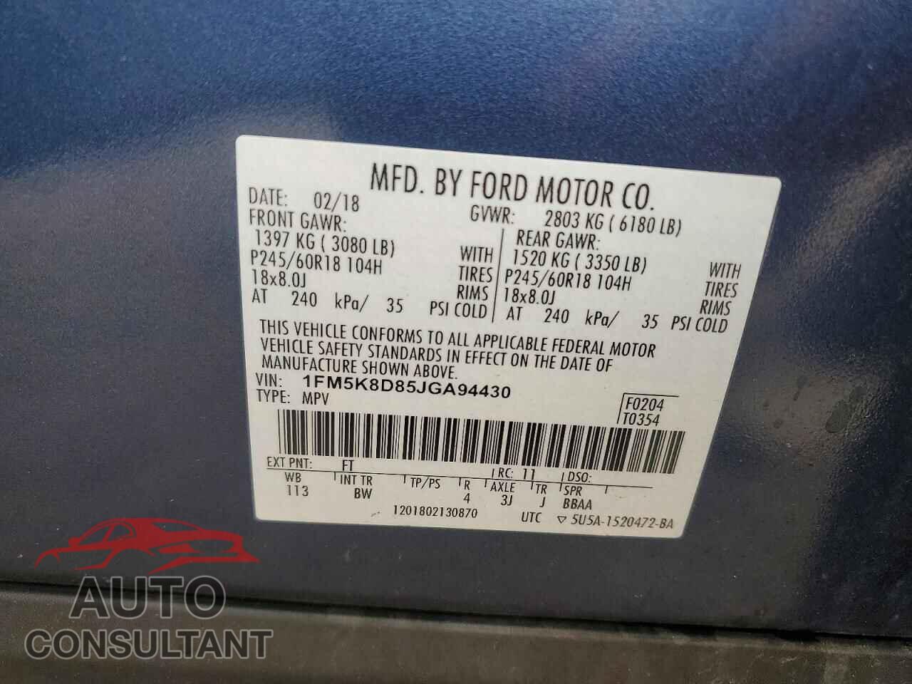 FORD EXPLORER 2018 - 1FM5K8D85JGA94430