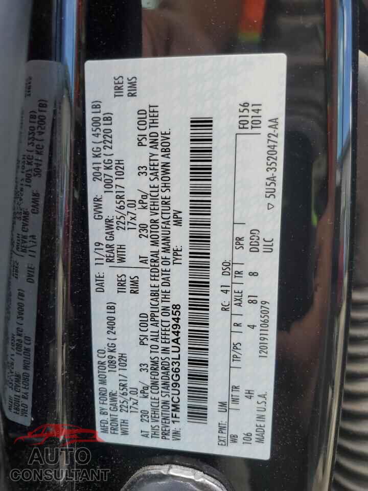 FORD ESCAPE 2020 - 1FMCU9G63LUA49458