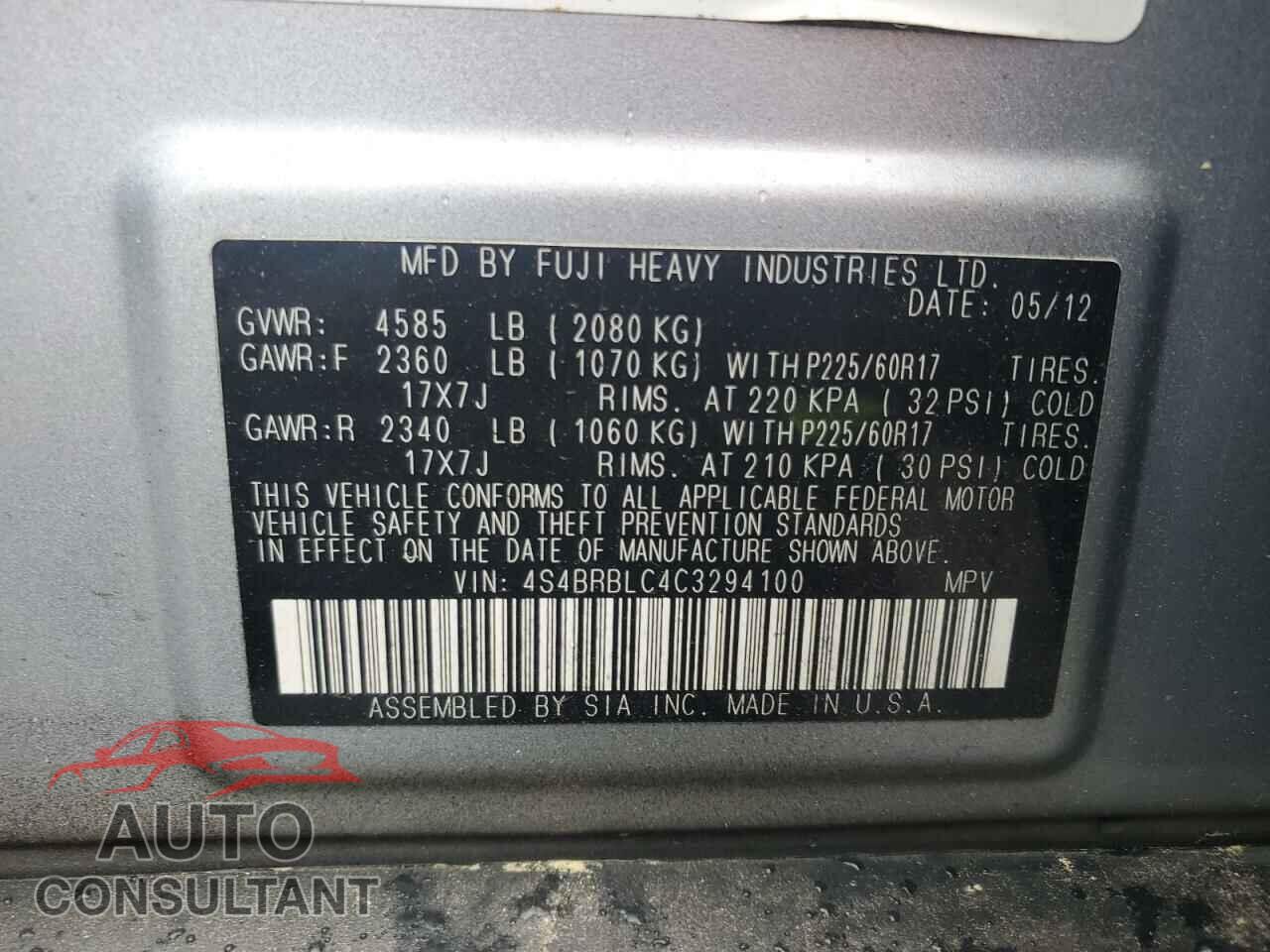 SUBARU OUTBACK 2012 - 4S4BRBLC4C3294100