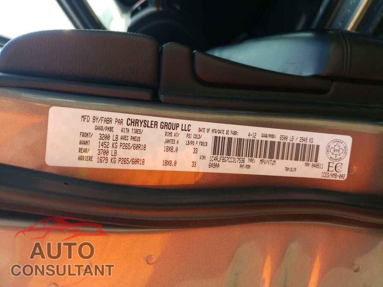 JEEP GRAND CHER 2012 - 1C4RJFBG7CC317536