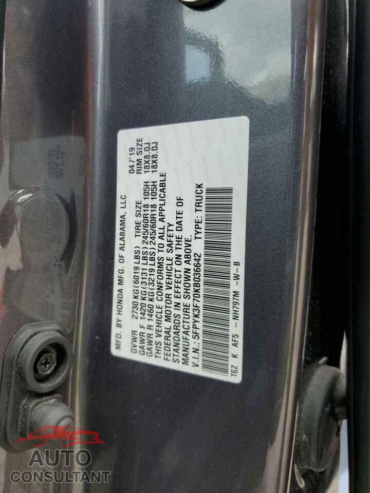 HONDA RIDGELINE 2019 - 5FPYK3F70KB036642