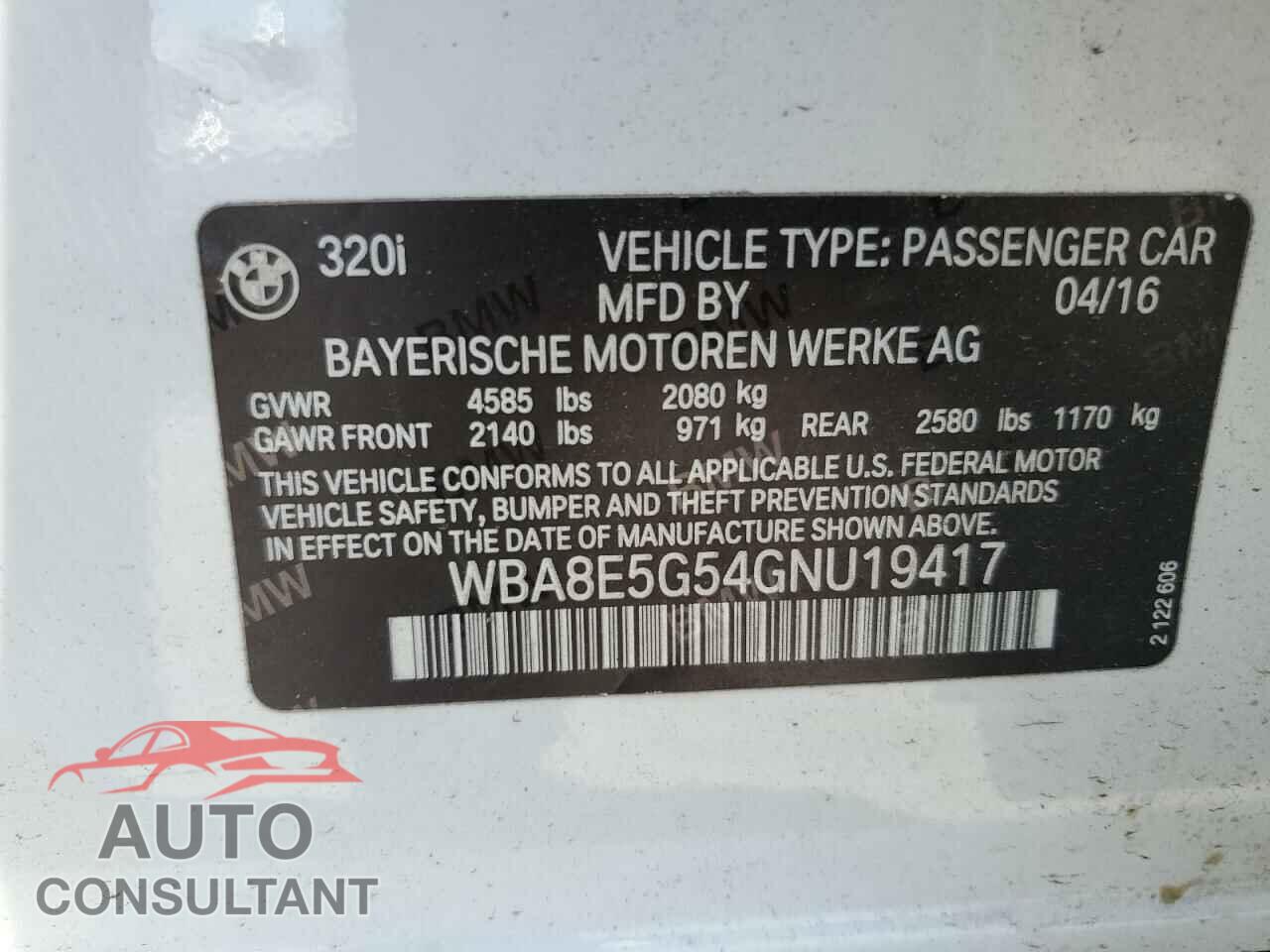 BMW 3 SERIES 2016 - WBA8E5G54GNU19417