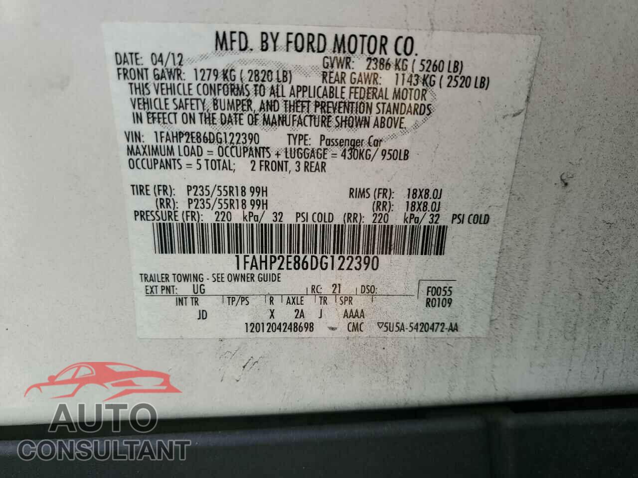 FORD TAURUS 2013 - 1FAHP2E86DG122390