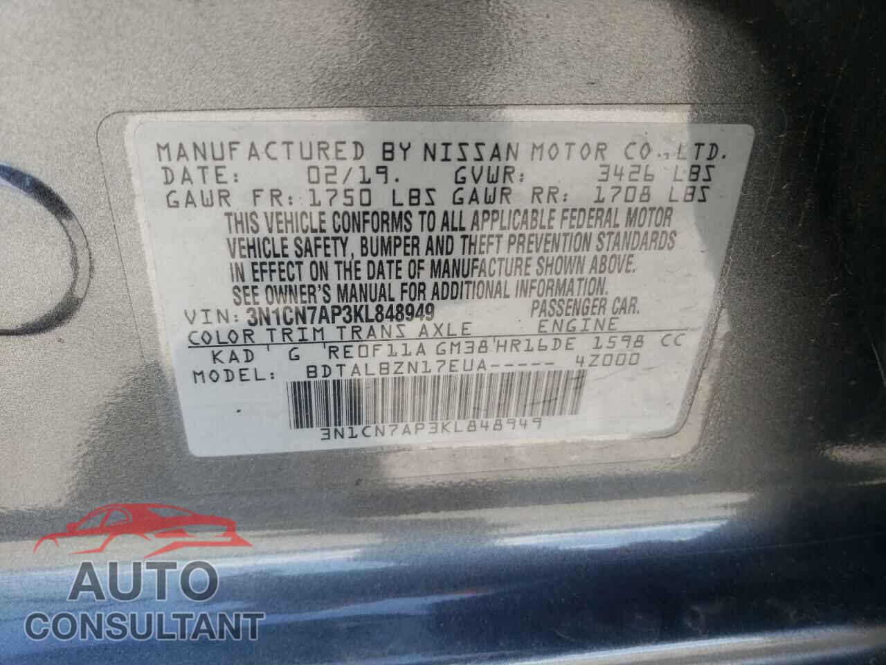NISSAN VERSA 2019 - 3N1CN7AP3KL848949