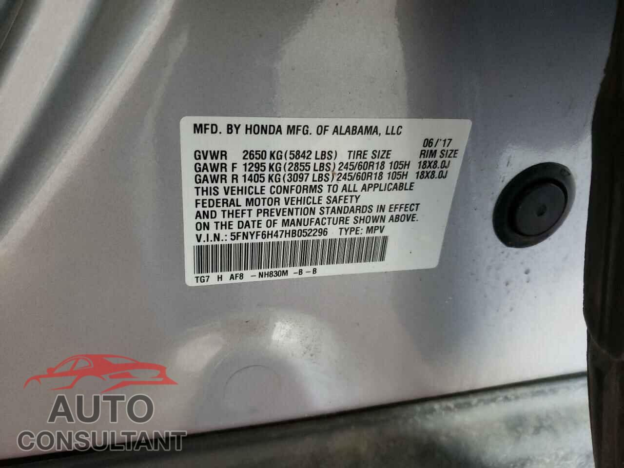 HONDA PILOT 2017 - 5FNYF6H47HB052296