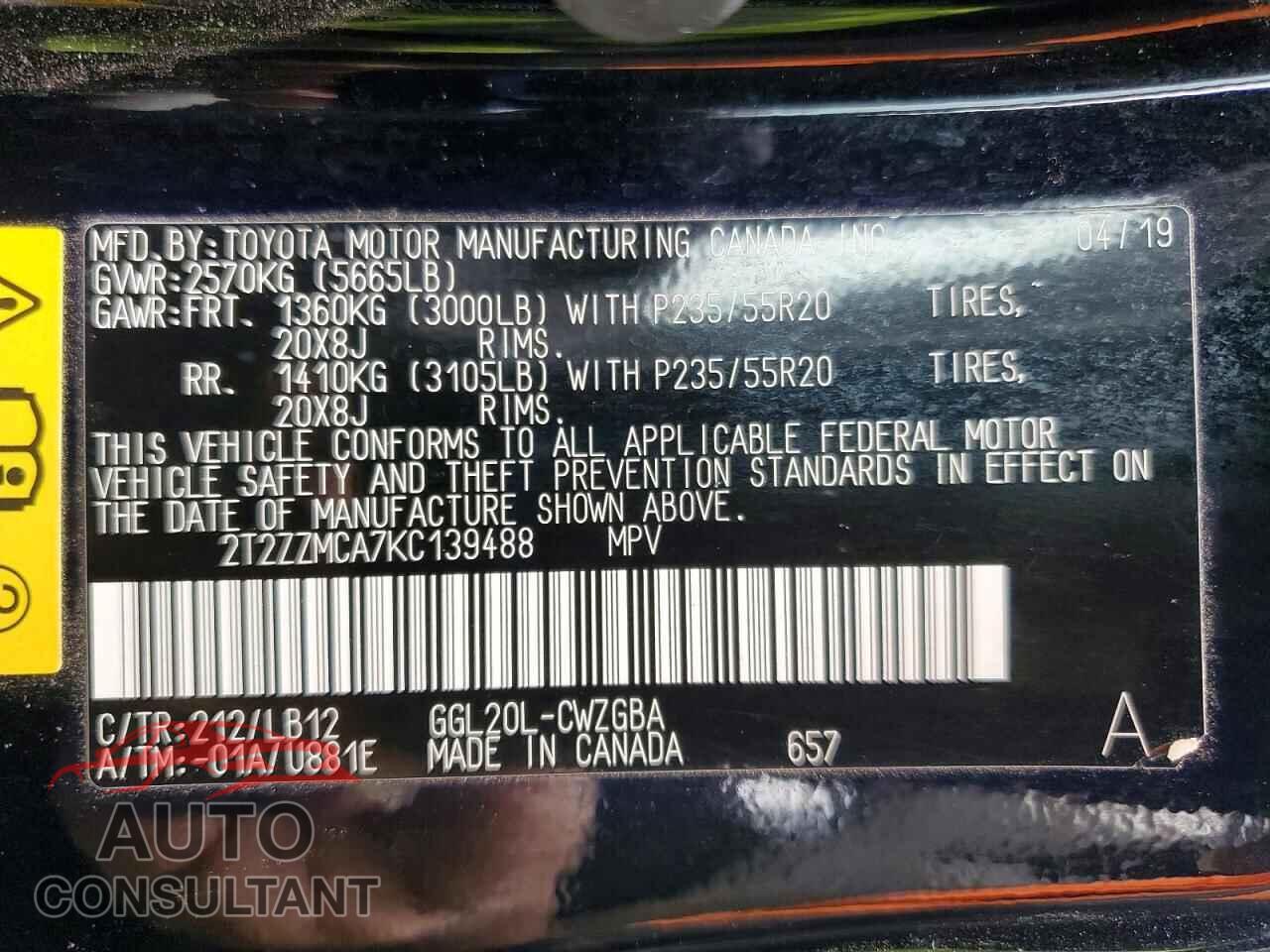 LEXUS RX350 2019 - 2T2ZZMCA7KC139488