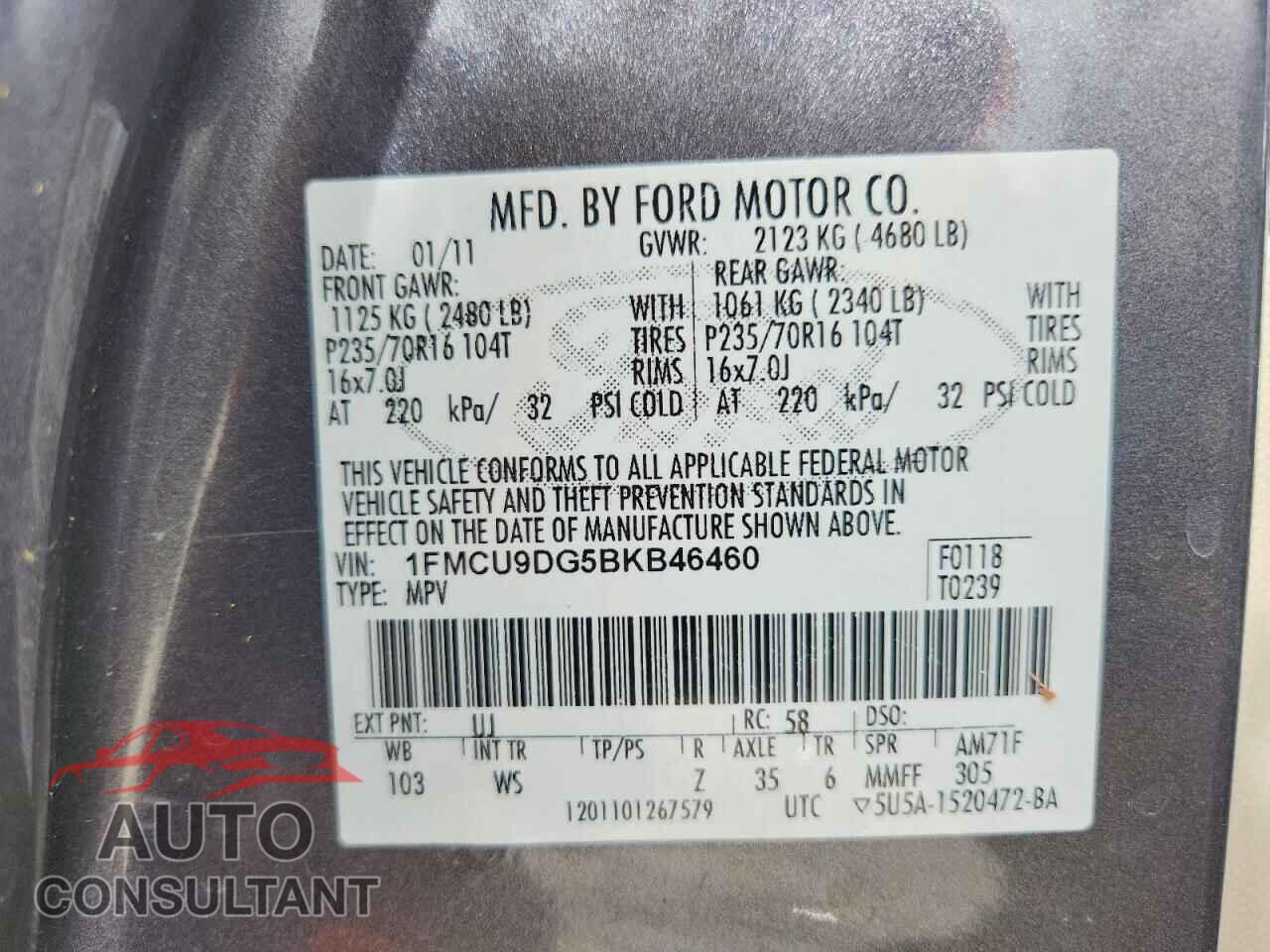 FORD ESCAPE 2011 - 1FMCU9DG5BKB46460