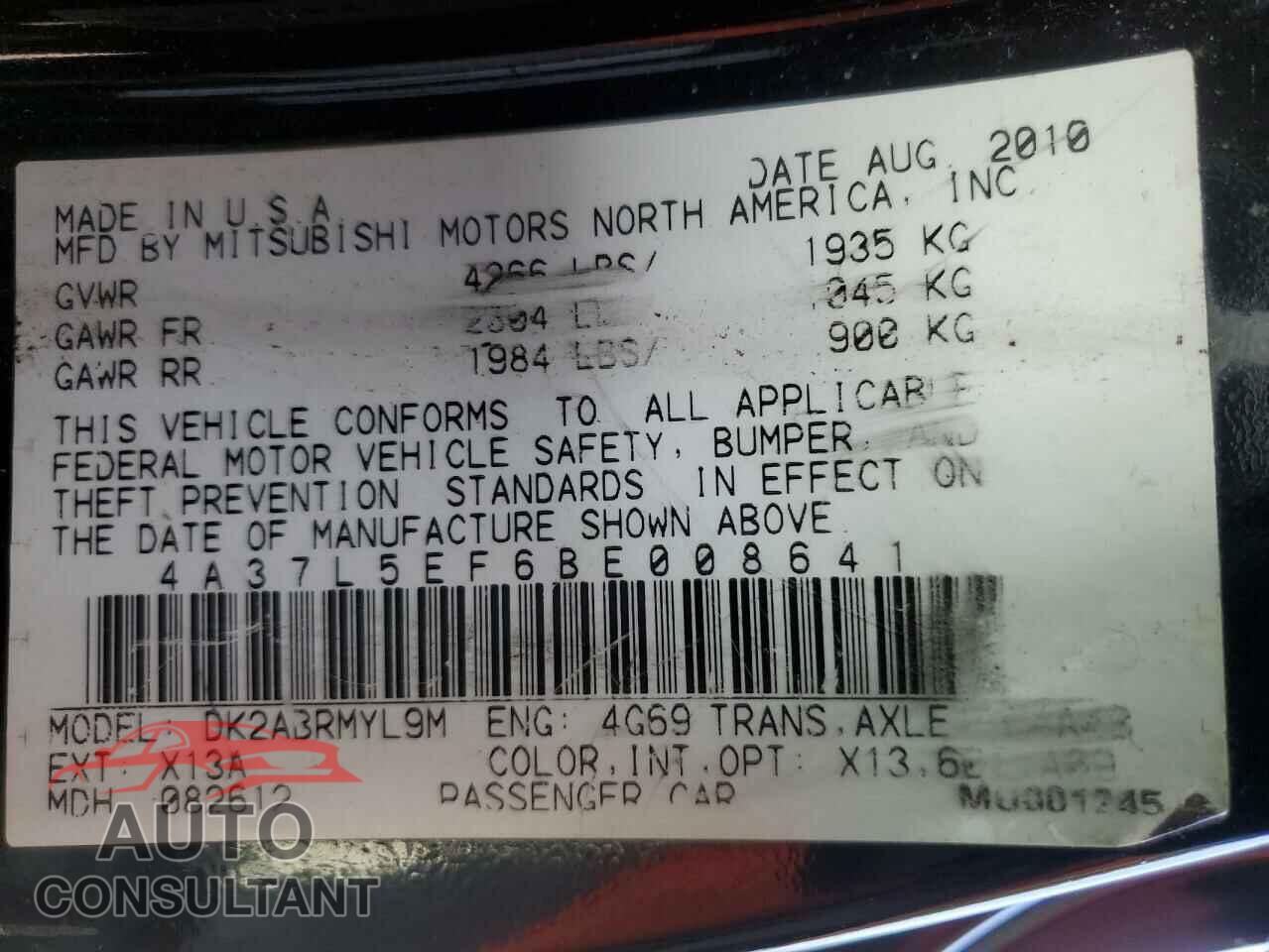 MITSUBISHI ECLIPSE 2011 - 4A37L5EF6BE008641