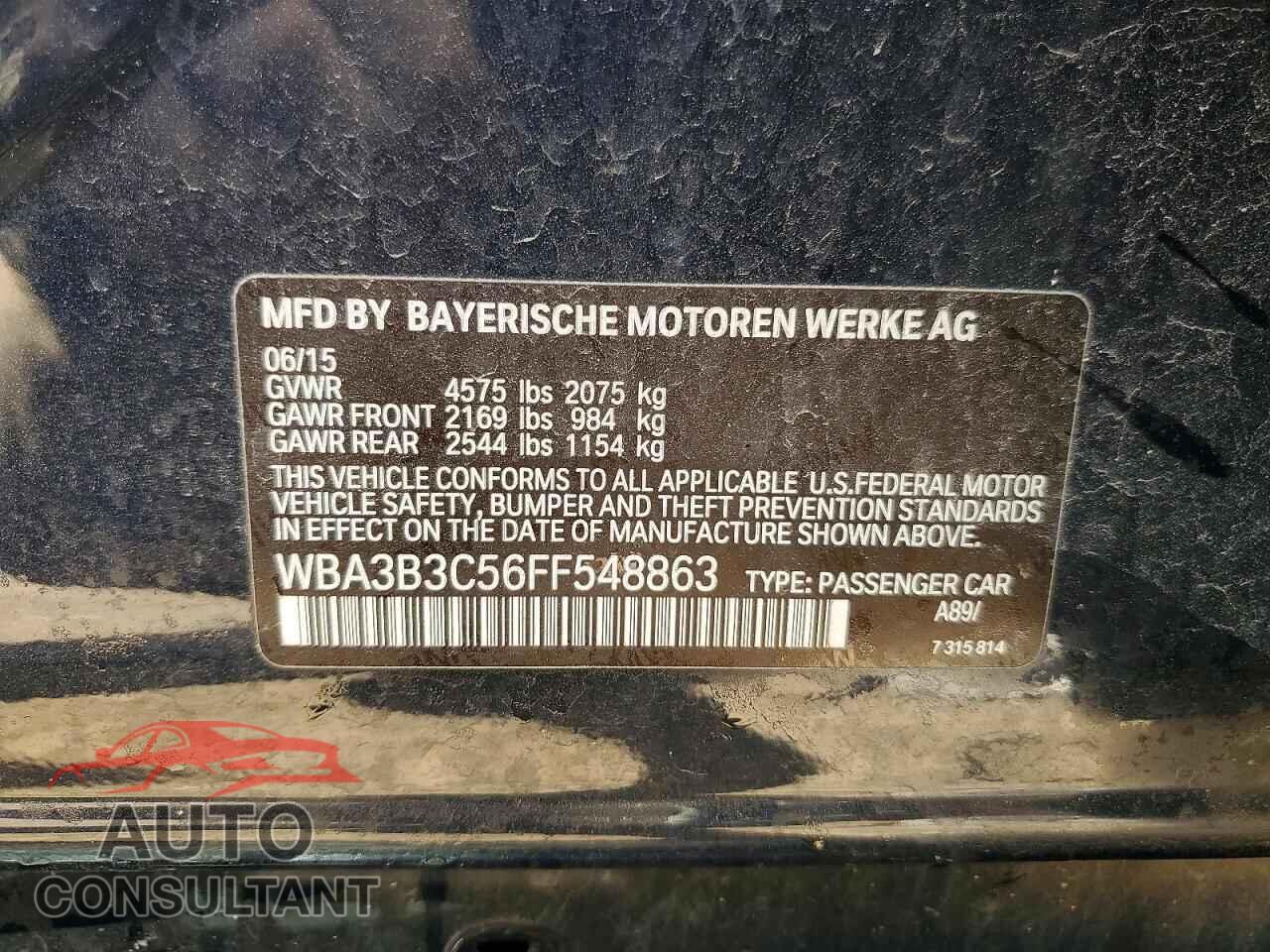 BMW 3 SERIES 2015 - WBA3B3C56FF548863