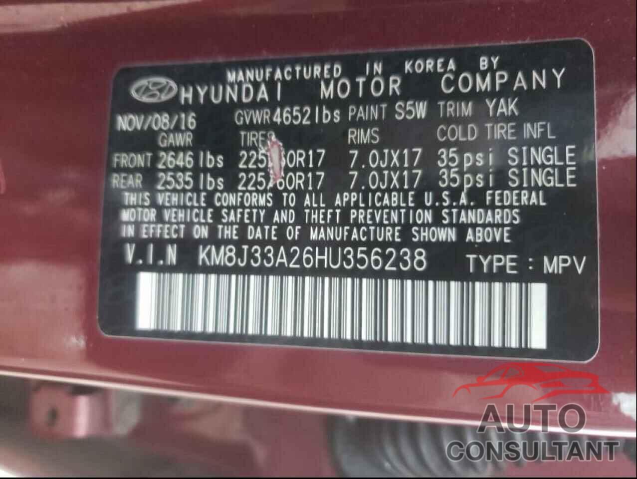 HYUNDAI TUCSON 2017 - KM8J33A26HU356238