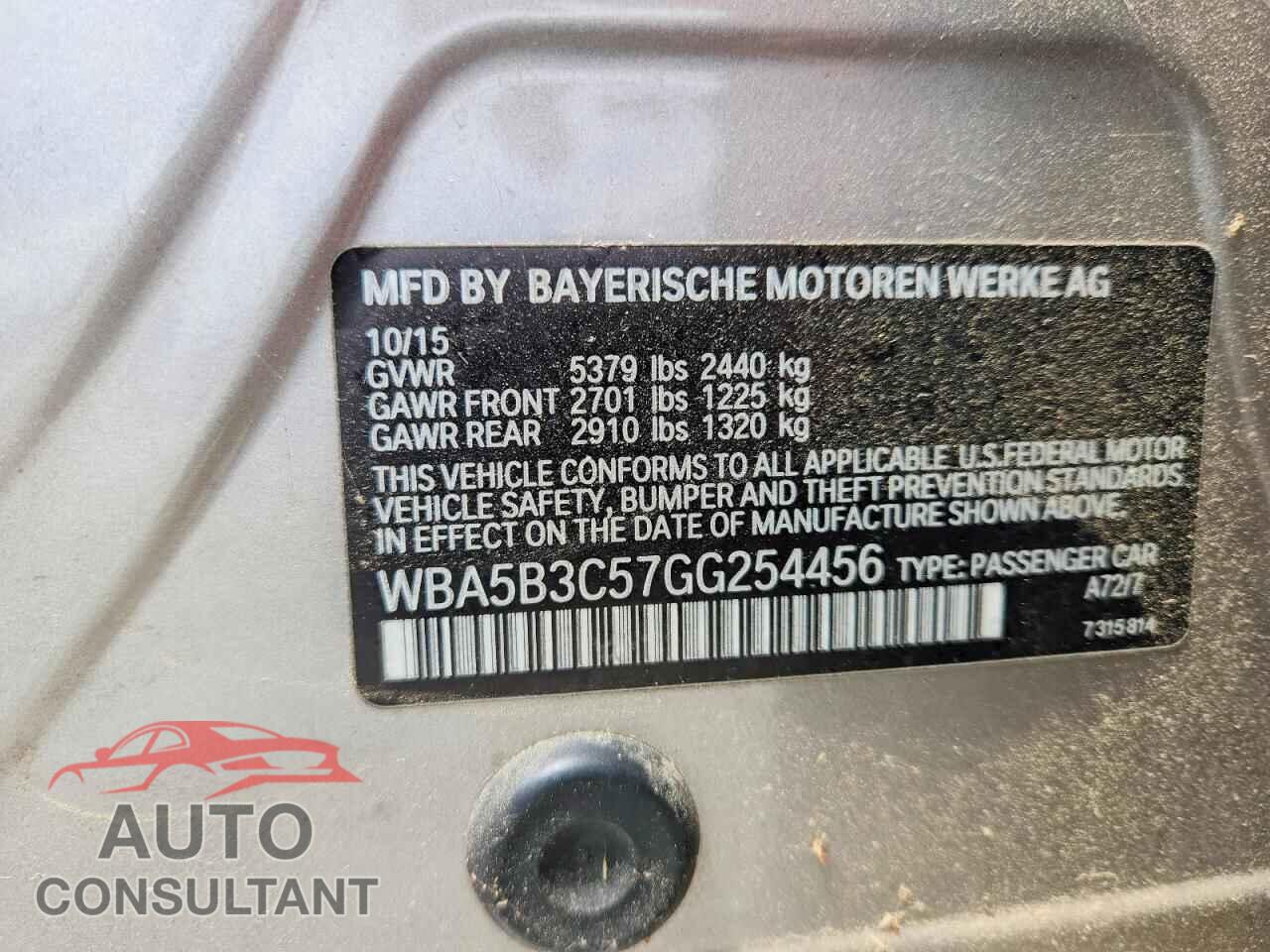 BMW 5 SERIES 2016 - WBA5B3C57GG254456