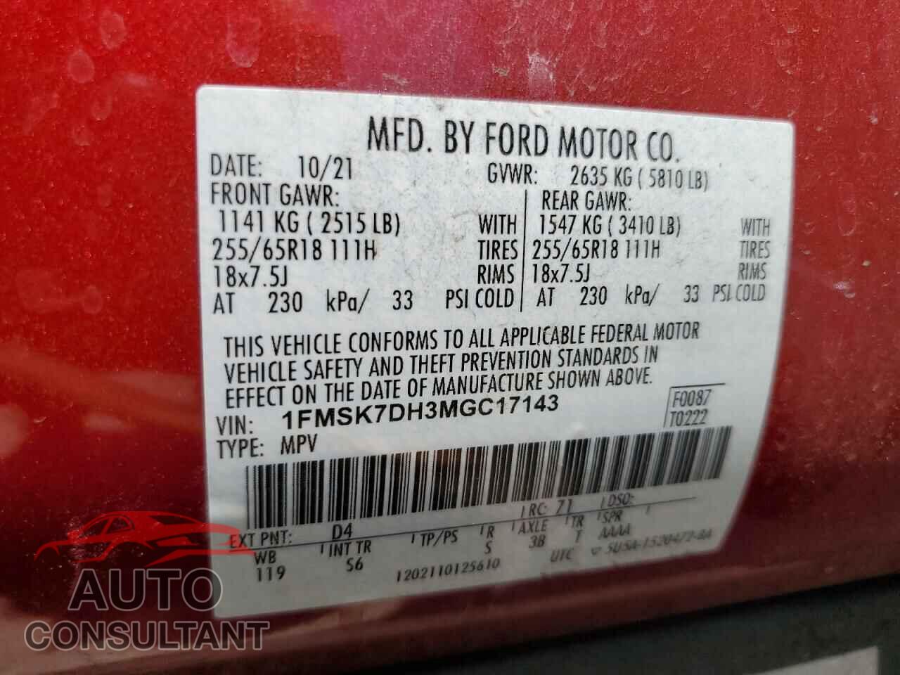 FORD EXPLORER 2021 - 1FMSK7DH3MGC17143