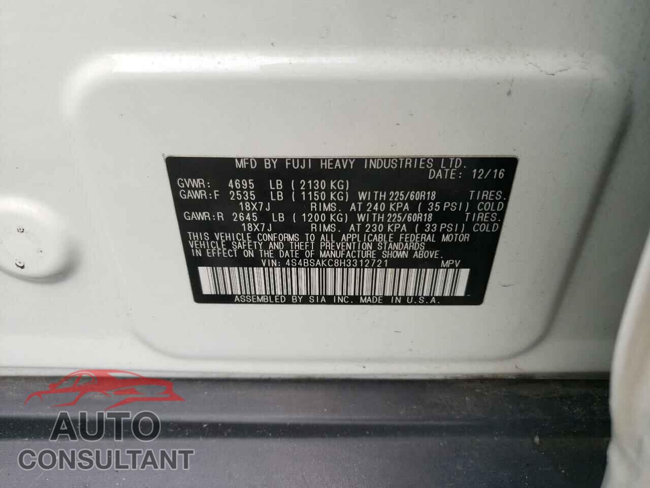 SUBARU OUTBACK 2017 - 4S4BSAKC8H3312721