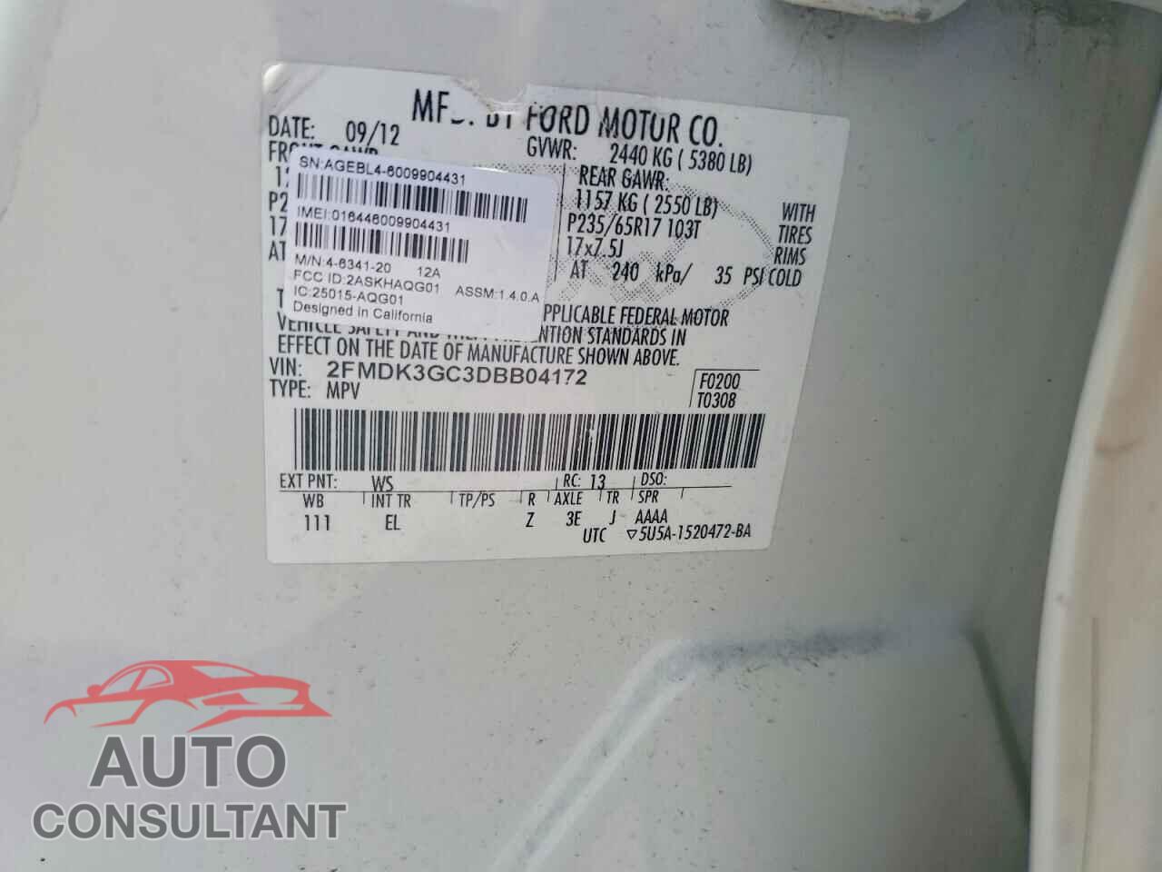 FORD EDGE 2013 - 2FMDK3GC3DBB04172